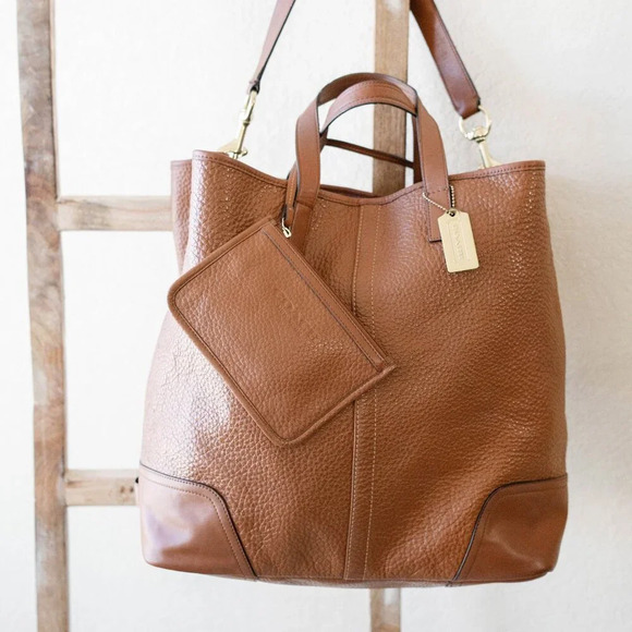 Coach Brown and Gold Leather Tote Bag with Matching Pouch - Picture 1 of 16